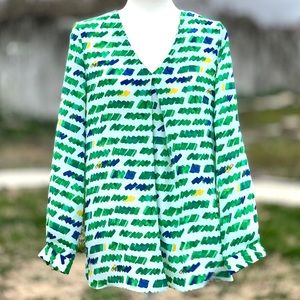 Vince Camuto Abstract Multi-Colored V-Neck Long Sleeve Blouse ~ Women’s Small